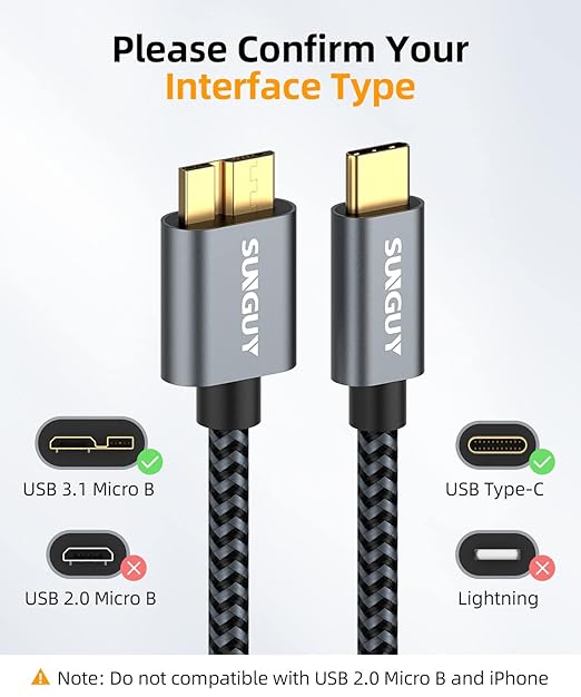 SUNGUY 5Pack 10Gbps Micro B to USB C Hard Drive Cable 1FT, USB 3.1 USB C to - Image 2
