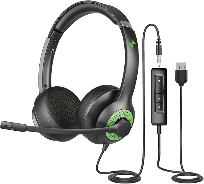 USB Headset with Mic for PC, On-Ear Computer Laptop Headphones with Noise by JIAMQISHI