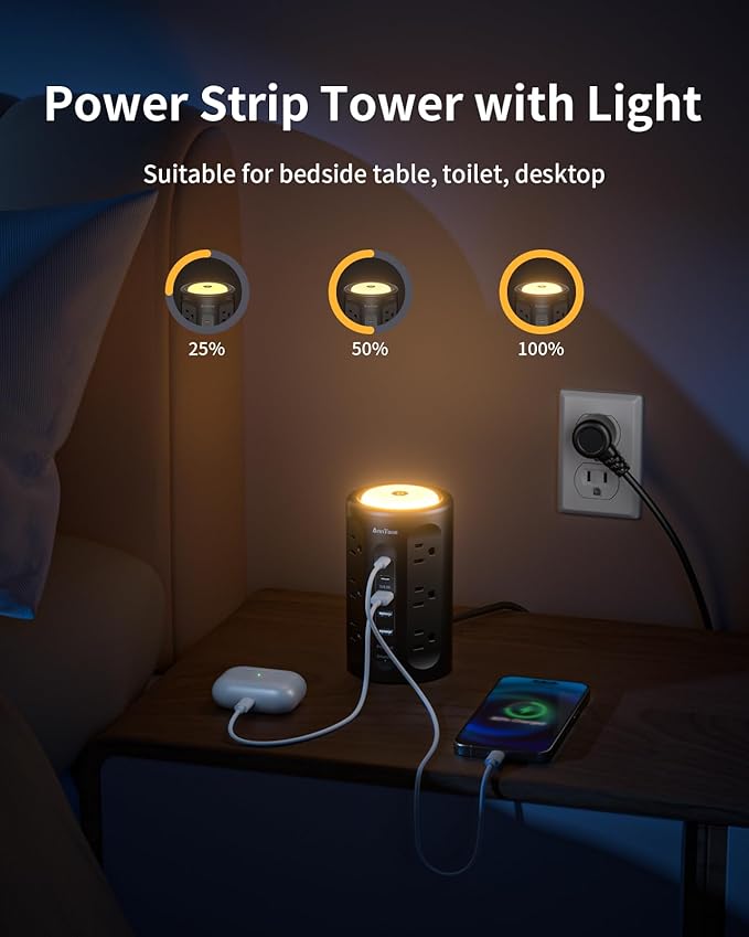Power Strip Tower with Night Light, Power Strip Surge Protector with USB Ports - Image 5