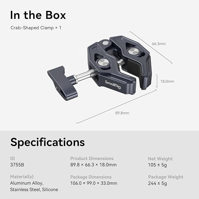 SMALLRIG Clamp, Camera Mount Clamp, Crab-Shaped Super Clamp - Image 7