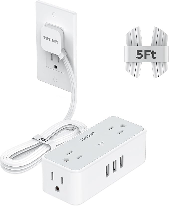 Ultra Thin 5FT Flat Extension Cord, TESSAN Surge Protector Flat Plug Power Strip by TESSAN