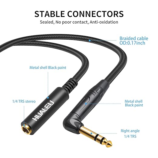 HUAELU 2Pack 1FT Right Angle Audio Cable, Male to Female, 6.35mm TRS Stereo to - Image 3