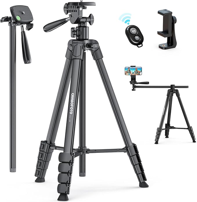 73"-Phone-Tripod-with-Horizontal-Overhead, Selfie Stick/Tall Travel Stand by CAMBOFOTO