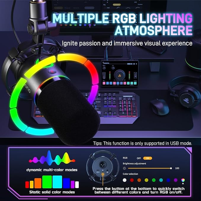 MAONO XLR/USB Dynamic Microphone, RGB Gaming Mic - Image 4