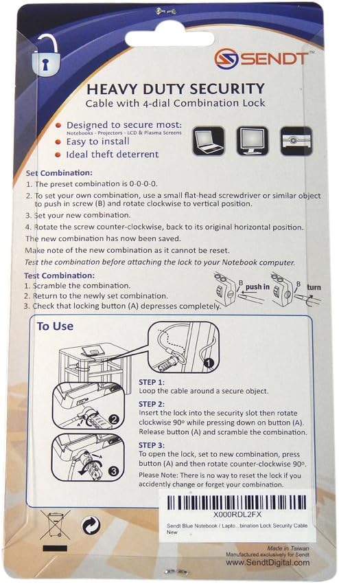 Sendt Blue Notebook/Laptop Combination Lock Security Cable - Image 4