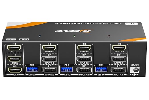 USB 3.0 KVM Switch 3 Monitors 3 Computers Displayport HDMI, Triple Monitor KVM by KCEVE