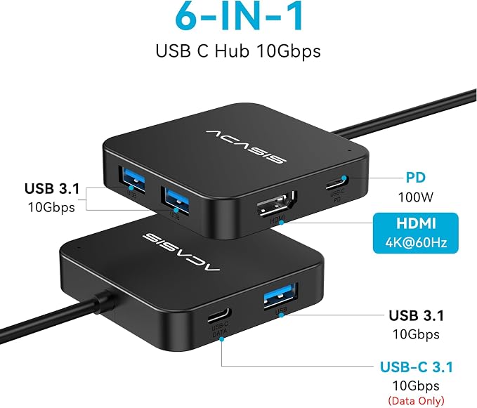ACASIS USB C Hub 10Gbps, 100W Power Delivery, USB A3.2 Data Port, USB C to HDMI - Image 2