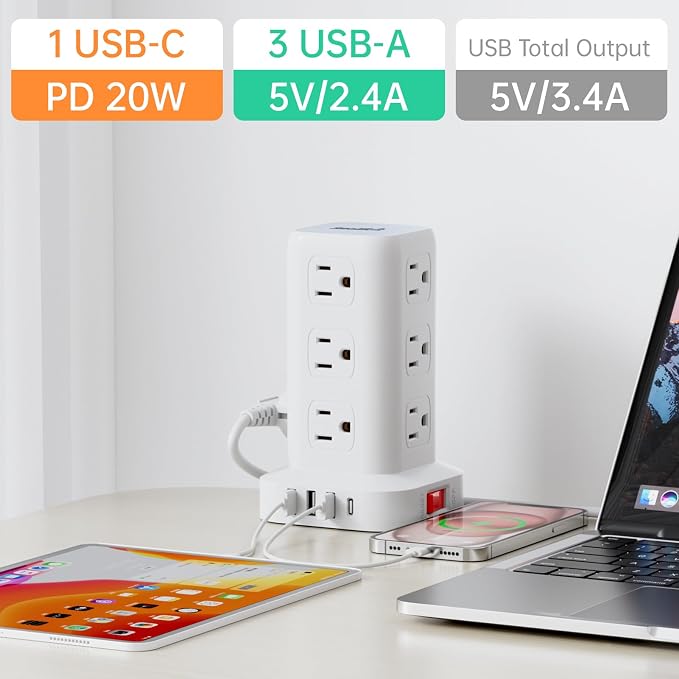 PD 20W USB C Surge Protector, Mini Power Strip Tower Travel 12 AC 4 USB Power - Image 4