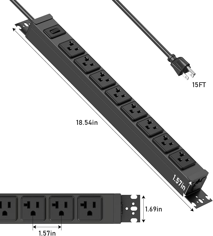 JUNNUJ Heavy Duty Power Strip Wall Mount, 20 Amp Surge Protector 1200J Metal 8 - Image 2