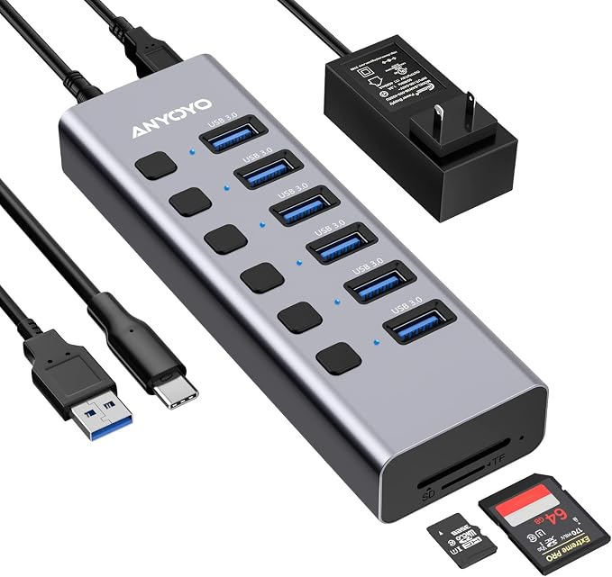 Powered USB Hub with TF/SD Card Reader, 8-Port USB 3.0 Hub with 6 USB 3.0 Data by ANYOYO