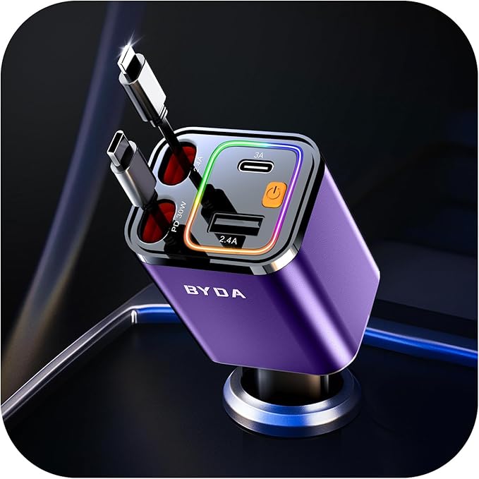 4 in 1 Retractable Car Charger, 69W Car Charger USB C, Cigarette Lighter Adapter by BYDA