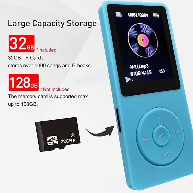 MP3 Player 32GB with Speaker Earphone Portable Mini Light Blue Music Player - Image 4