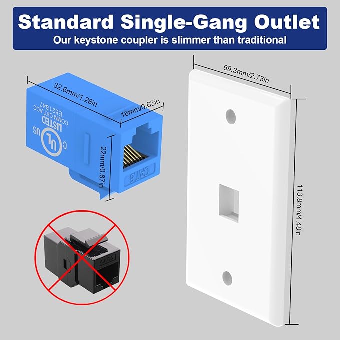 VCE Ethernet Wall Plate 1-Port, Keystone Jack Wall Outlet - Image 5
