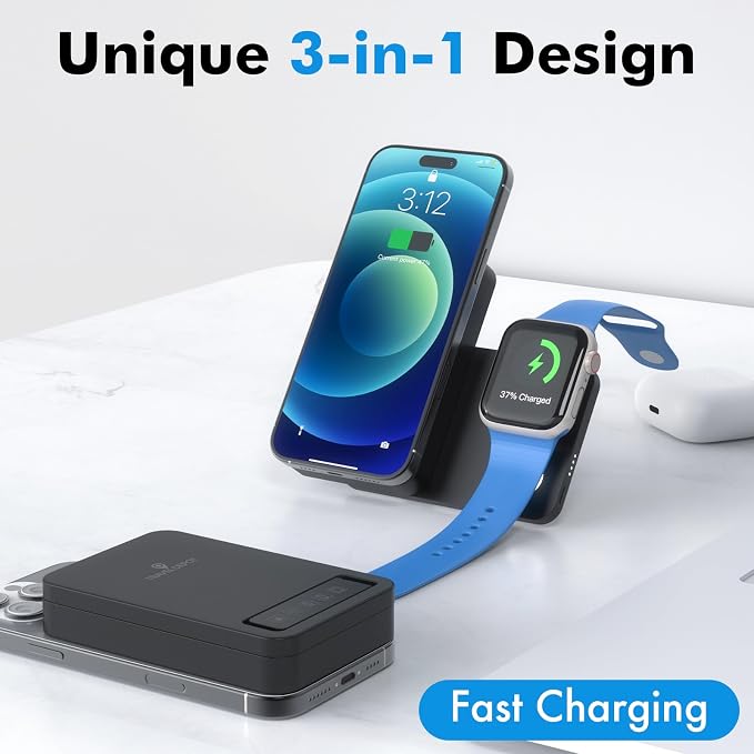 Magnetic Wireless Power Bank, 3-in-1 Portable Charger 10000mAh w/Kickstand - Image 4