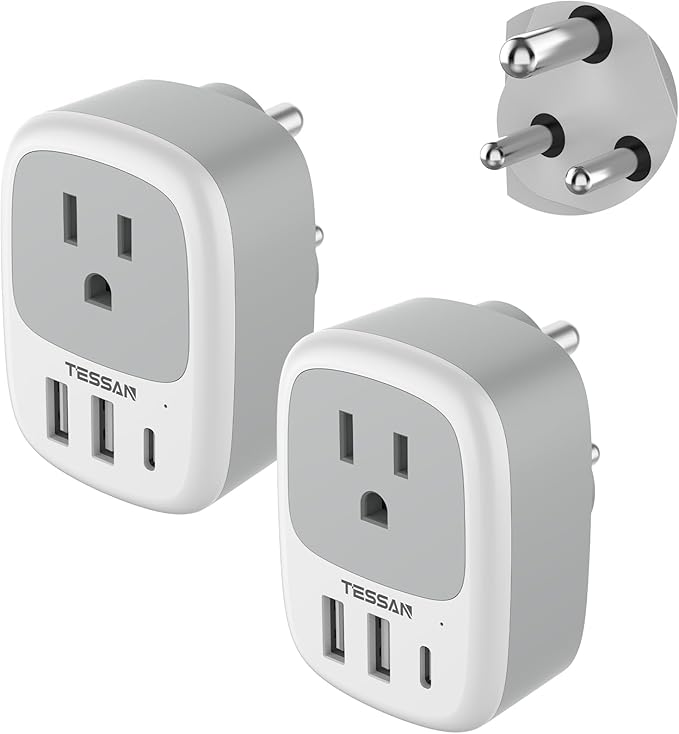 2 Pack US to India Plug Adapter, TESSAN Type D Travel Adapter by TESSAN