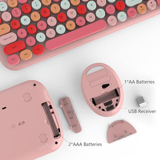 KNOWSQT Wireless Keyboard and Mouse Combo, Light Pink 100 Keys 2.4 GHz Round - Image 4