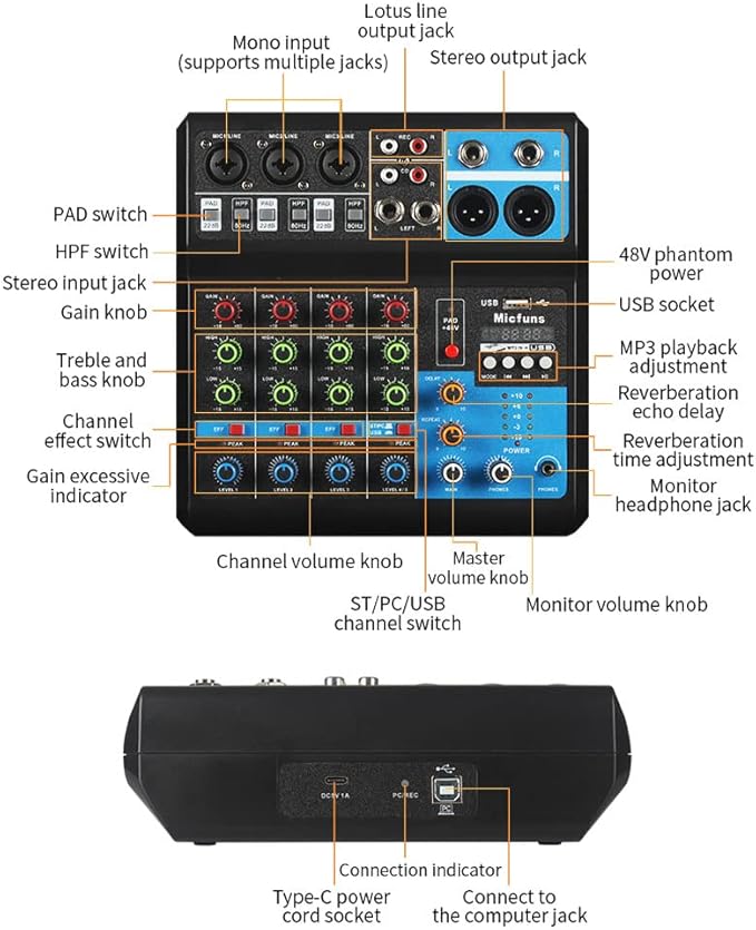 Mini audio DJ mixer Sound Board Console System, 5 Channel 48V Phantom Power - Image 4