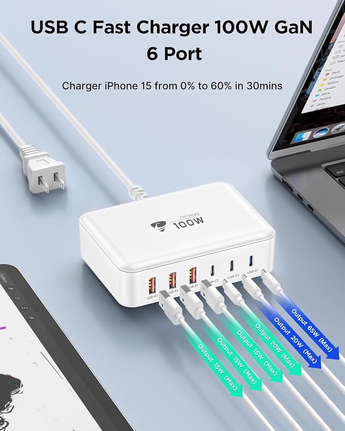 Aiminu USB C Charger Block Charging Station 6-Port 100W GaN USB C Fast Charging - Image 2
