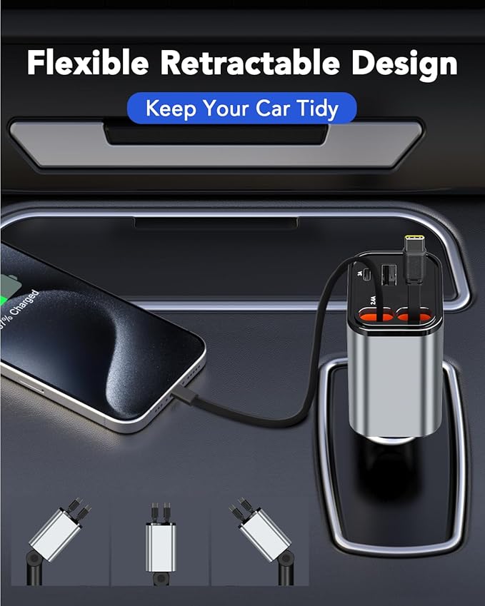 Retractable Car Charger, 4 in 1 Fast Car Phone Charger 66W, 2 Retractable - Image 6