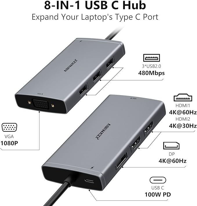 ABIWAZY USB C Docking Station Dual Monitor Adapter - Image 2