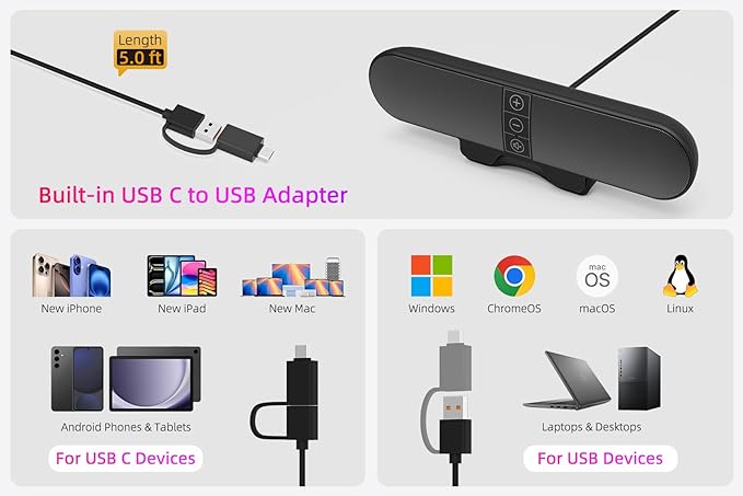 Computer Speakers for Desktop PC Monitor, USB Plug-in, Computer Soundbar for PC - Image 3