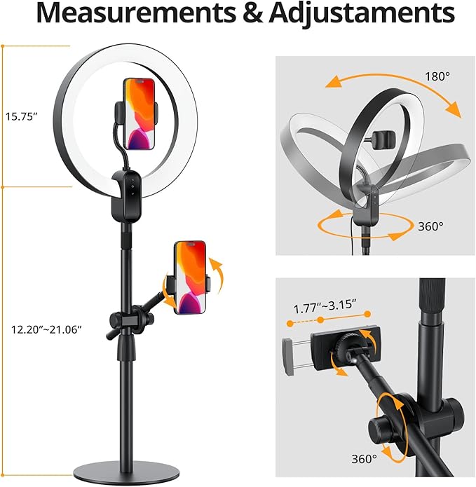 12" Ring Light with Stand and Phone Holder, Overhead Phone Stand, 2 Phone - Image 4