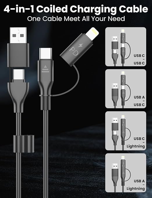 Coiled USB-C and Lightning Cable 2-in-1, 3FT iPhone 17 16 Car Charger Cord - Image 2