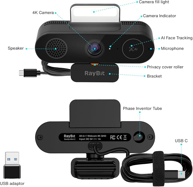 5-in-1 Design 4K Webcam with Speaker and Microphone, Built-in Light, Privacy - Image 7