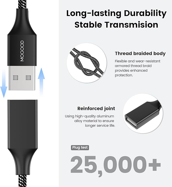 MOGOOD USB Extension Cable, 6.6ft USB A Male to 2 Female, Durable Nylon Braided - Image 4