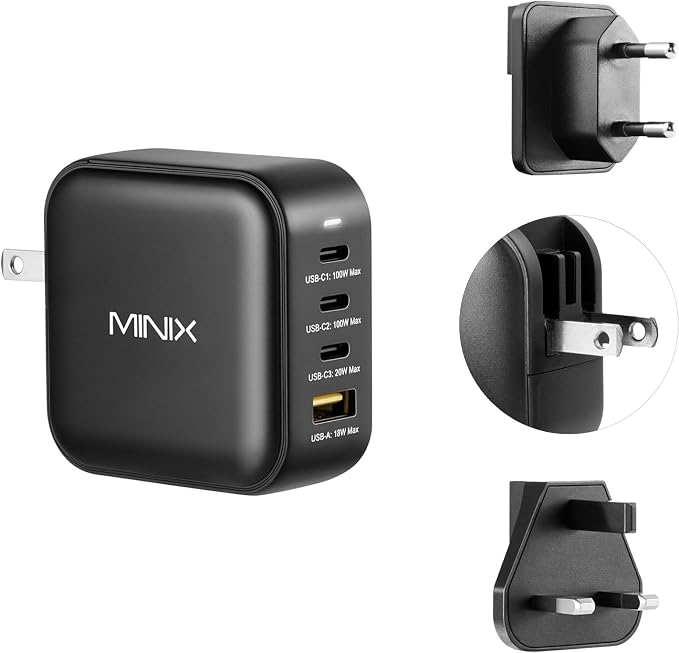 MINIX 100W USB C Charger, NEO P3 Turbo 4-Ports GaN Wall Charger, 3 x USB-C Port by MINIX