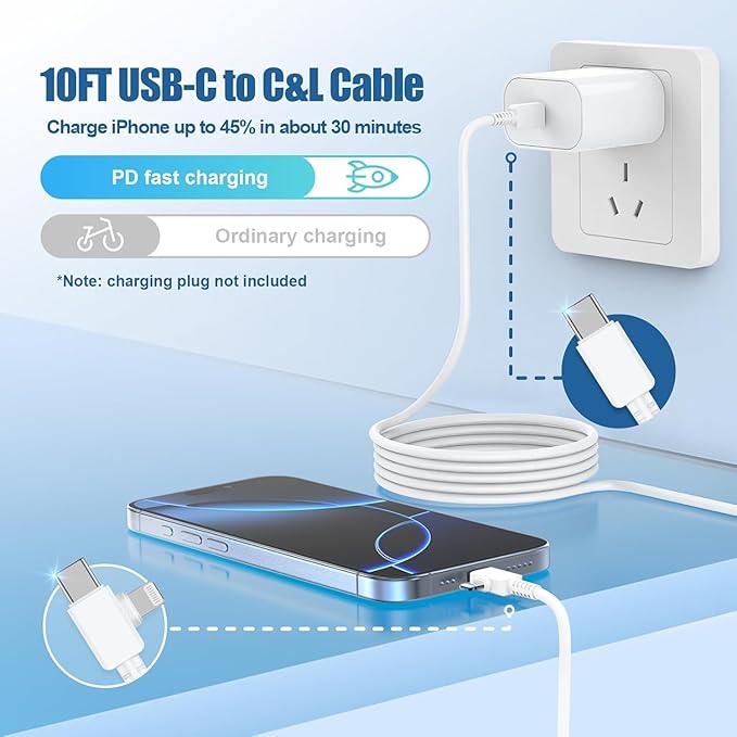 2 in 1 USB C to C Cable/Type C to Lightning Charger Cable 10ft, Long Type C to - Image 7
