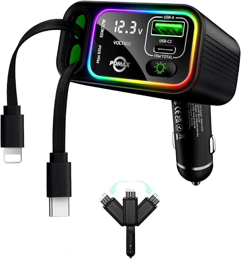 Retractable Car Charger USB C, 107W Type C Car Charger Fast Charging by PowerDeliveryMaximum