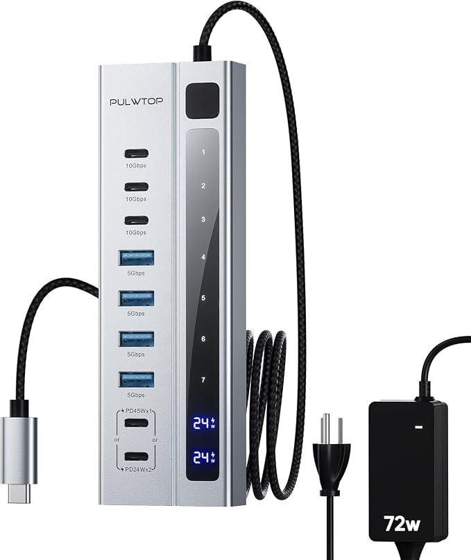 Powered USB C Hub, PULWTOP 9-in-1 USB-Hub suppprt 10Gbps & PD 45W Max Charging by PULWTOP