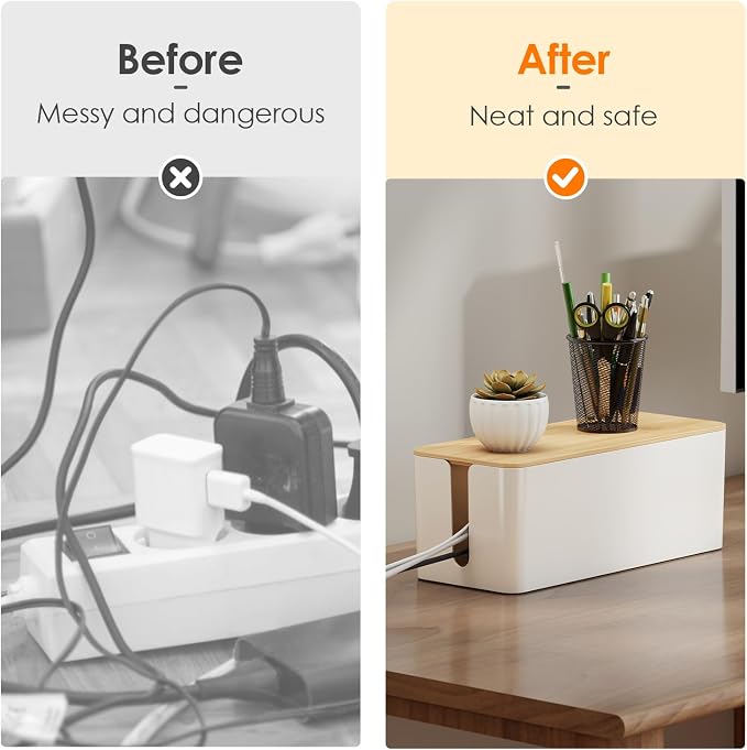 DELAMU 2 Pack Cable Management Box, Safe ABS Wood Grain Desk Medium and Small - Image 3