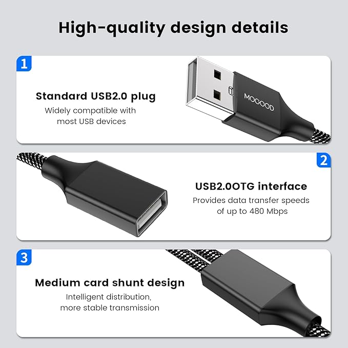MOGOOD USB Extension Cable, 6.6ft USB A Male to 2 Female, Durable Nylon Braided - Image 6