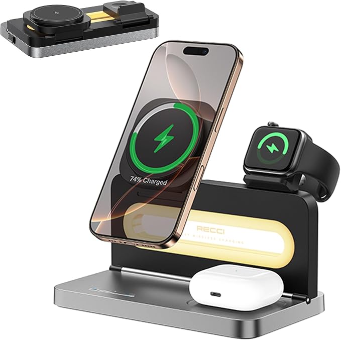 4-in-1 Wireless Charger with Adjustable Night Light, Magnetic Foldable Stand by Unknown