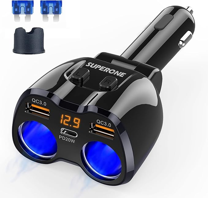 Cigarette Lighter Splitter, SUPERONE 180W 2-Socket Cigarette Lighter Adapter by SUPERONE