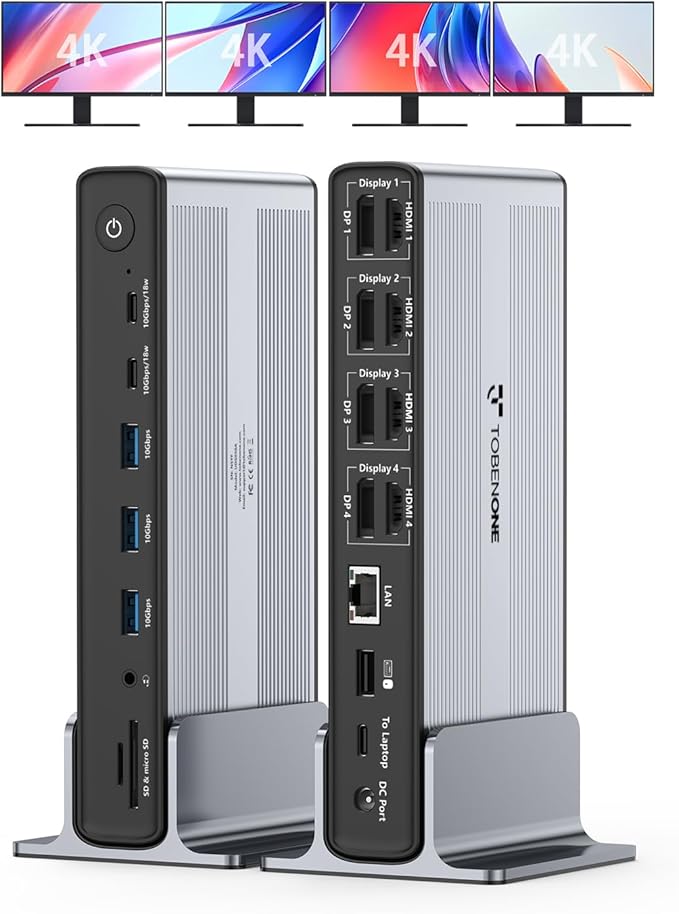 TobenONE DisplayLink Docking Station 4 Monitors, 20-in-1 Quad 4K@60Hz HDMI by TobenONE