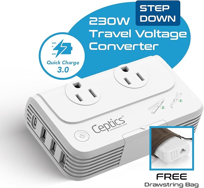 Ceptics European Travel Voltage Converter, 200W Adapter - Image 2