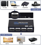1x4 HDMI Splitter, 1 in 4 Out HDMI Splitter Audio Video Distributor Box Support - Image 2