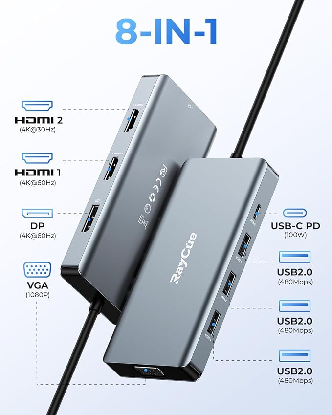 USB C Docking Station Dual Monitor Adapter, 8 in 1 Laptop Docking Station 3 - Image 2