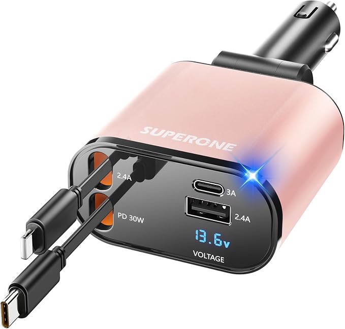 【Upgraded】 SUPERONE Retractable Car Charger 4 in 1, Fast Car Phone Charger by SUPERONE