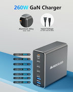 Aluminum Alloy 260W USB C Charger GaN Fast USB C Charging Station 7 Ports 65W - Image 3
