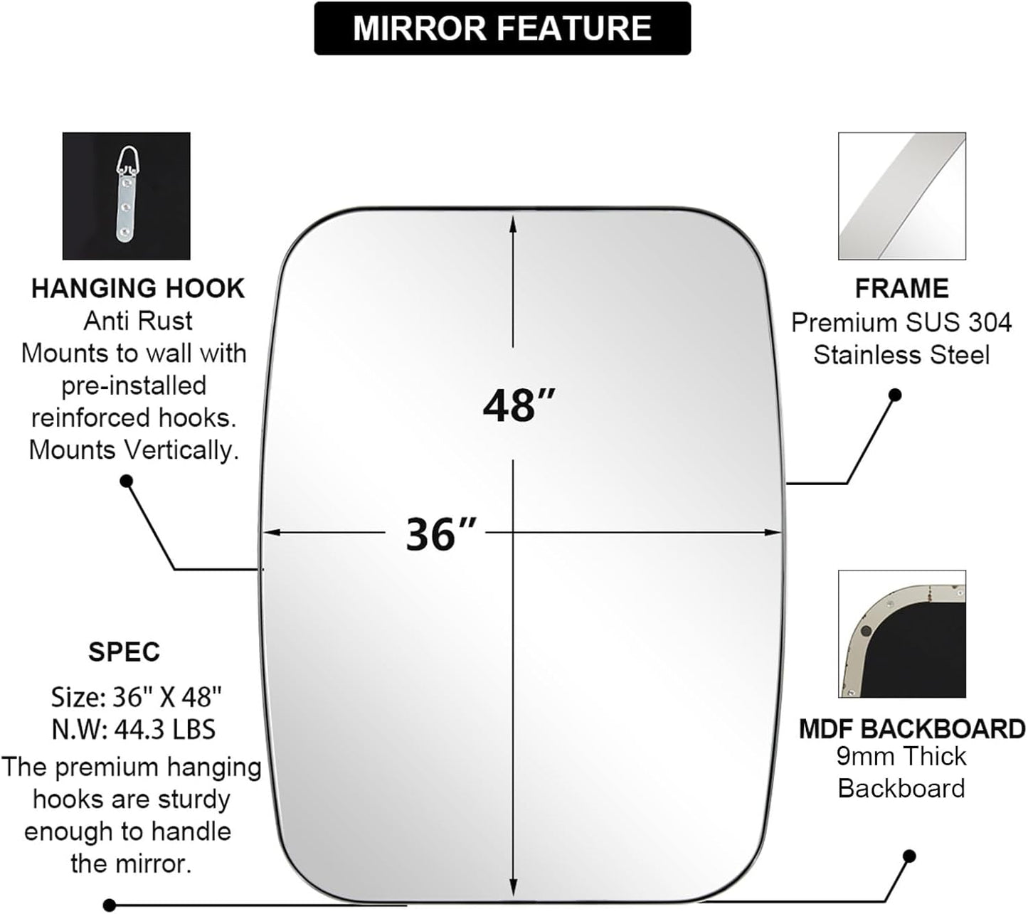 ANDY STAR Chrome Oblong Mirror, 36x48 Inch Polished Chrome Oval Mirror for Bathroom with Stainless Steel Metal Frame, Wall Mouned for Bathroom, Living Room, Entryway