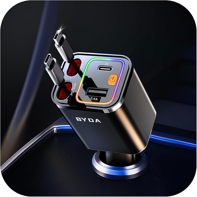 4 in 1 Retractable Car Charger, 69W Car Charger USB C, Cigarette Lighter Adapter by BYDA