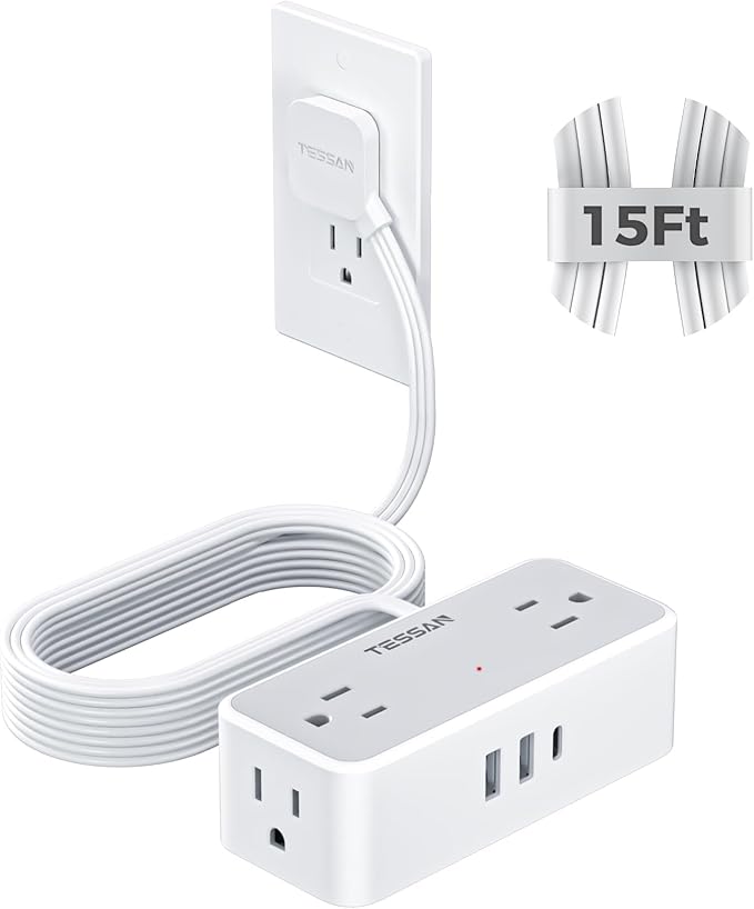 Flat Extension Cord 15 FT, TESSAN Surge Protector Power Strip by TESSAN