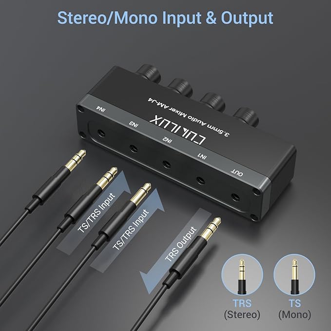 Cubilux 4-Channel 3.5mm Audio Mixer, Ultra-Low-Noise Mini Audio Mixer - Image 5