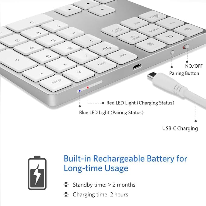 Bluetooth Number Pad, Wireless Numeric Keypad, USB-C Rechargeable External - Image 4