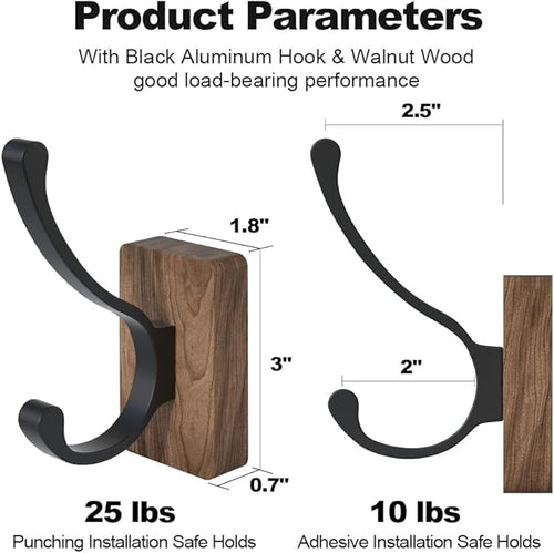 4 PCS Black Walnut Wood Wall Hooks Adhesive Mounted & Wall Mounted Rustic - Image 2