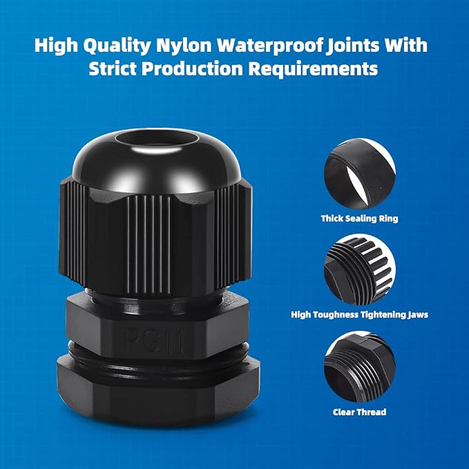 Cable Gland 20 Pack Plastic Waterproof Adjustable Connector 5-10mm PG11 Strain - Image 5